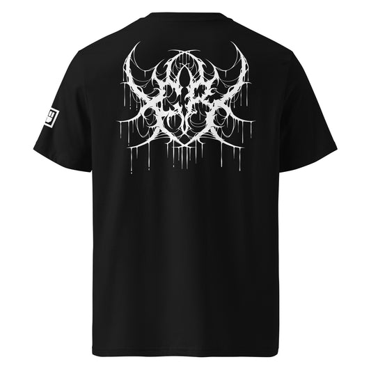 Black t-shirt with white graphic design on the back, displayed against a white background.