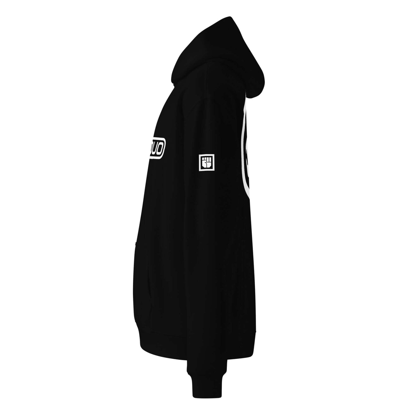 Black hoodie with white cause logo on a white background