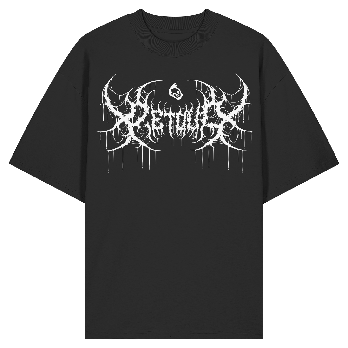 Front view of the PETDUO Drip Oversize White t-shirt featuring a white dripping PETDUO logo printed on a black oversized organic cotton shirt.