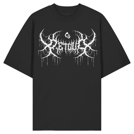 Front view of the PETDUO Drip Oversize White t-shirt featuring a white dripping PETDUO logo printed on a black oversized organic cotton shirt.