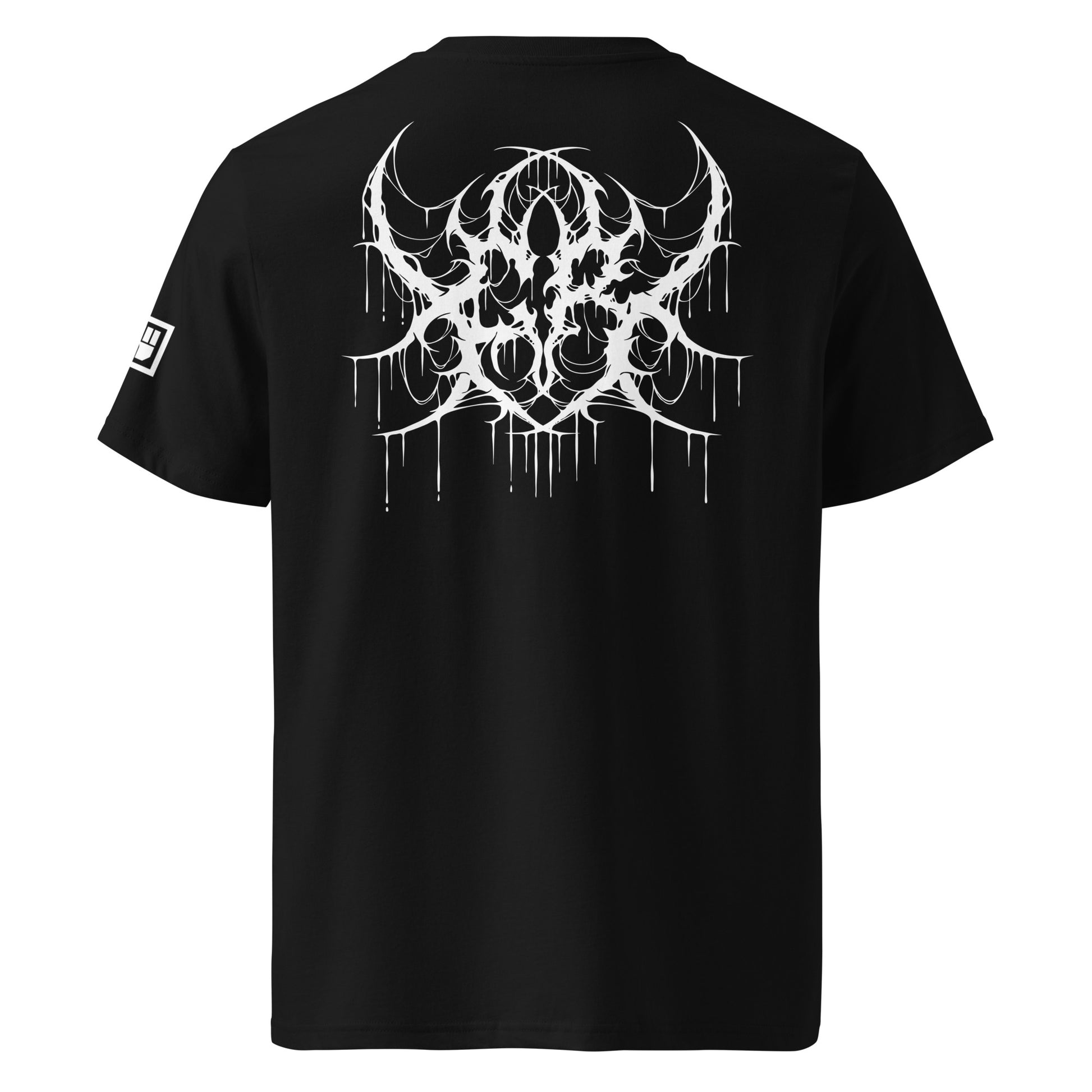 Black t-shirt with white graphic design on the back, displayed against a white background.