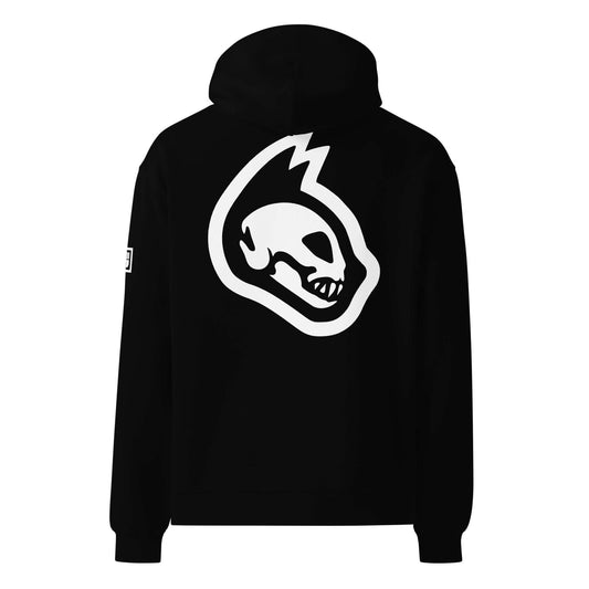 Black hoodie with a catskull logo on the back against a white background