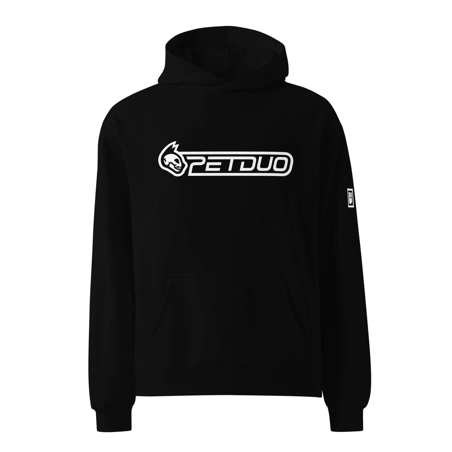 Black hoodie with PETDuo logo on a white background