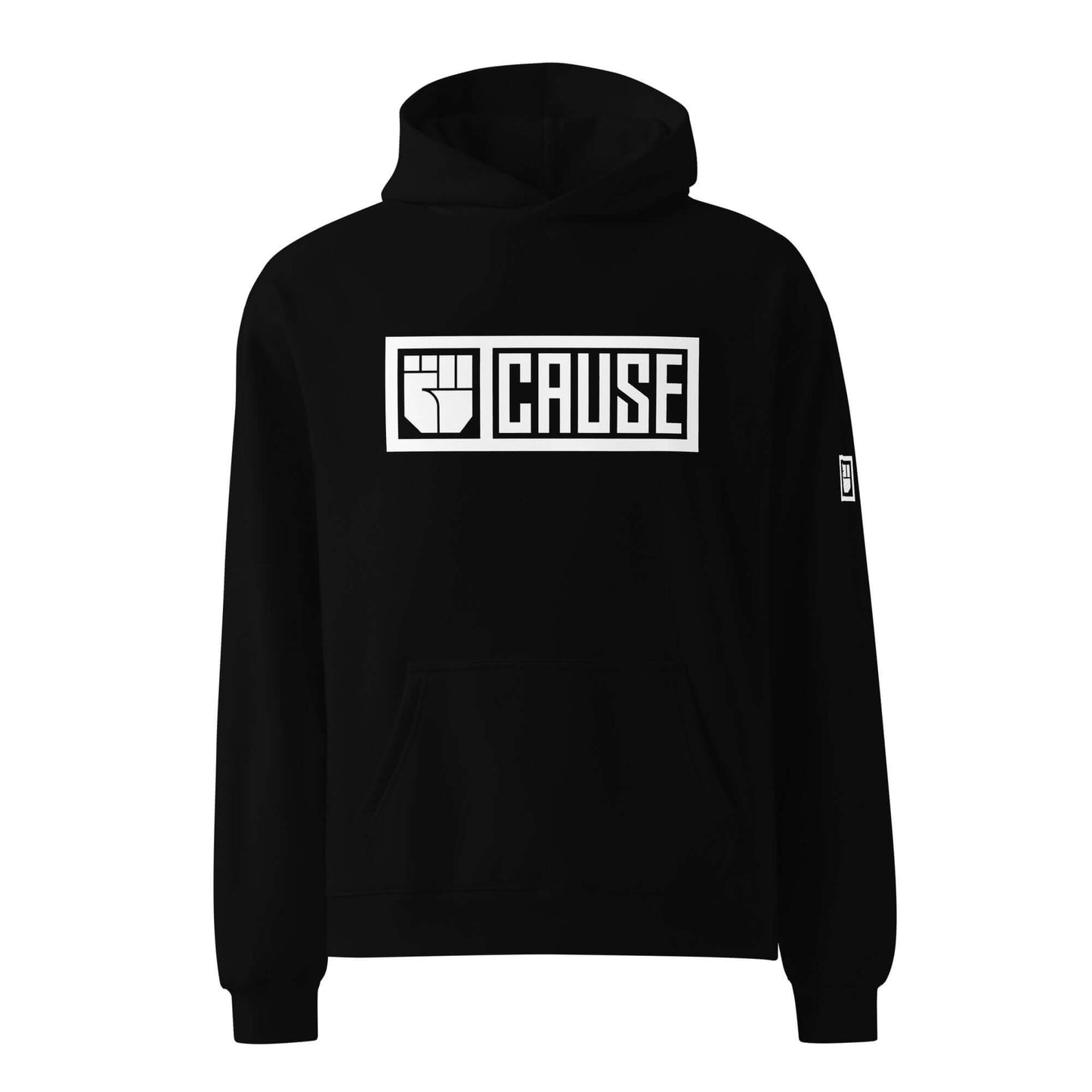 Black hoodie with 'CAUSE' logo on a white background