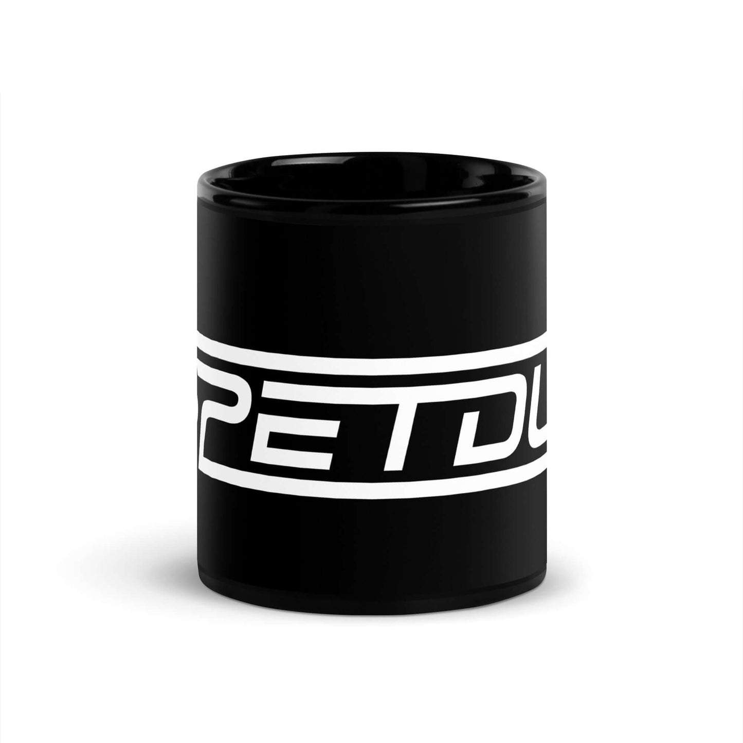 Black mug with a white logo on a white background