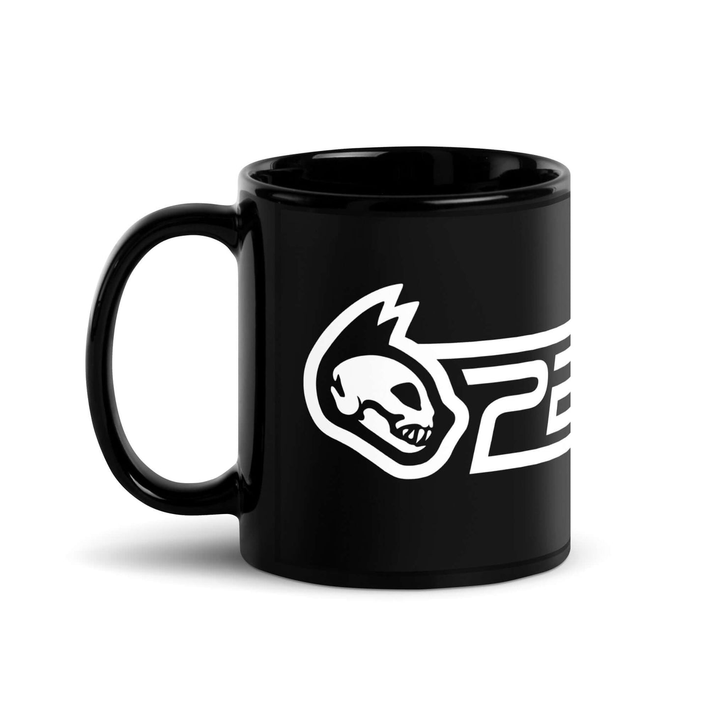 Black mug with a white logo on a white background