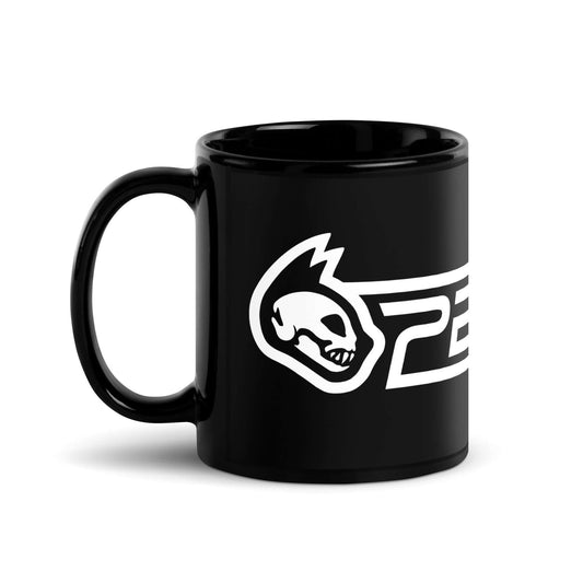 Black mug with a white logo on a white background