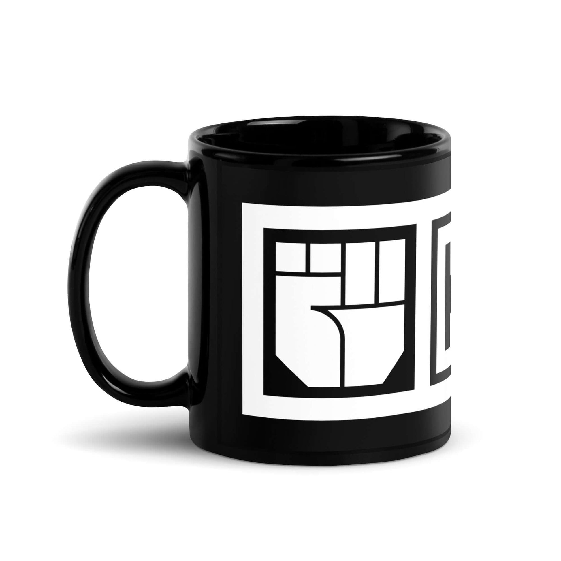 Black Glossy Mug with Cause logo on a white background