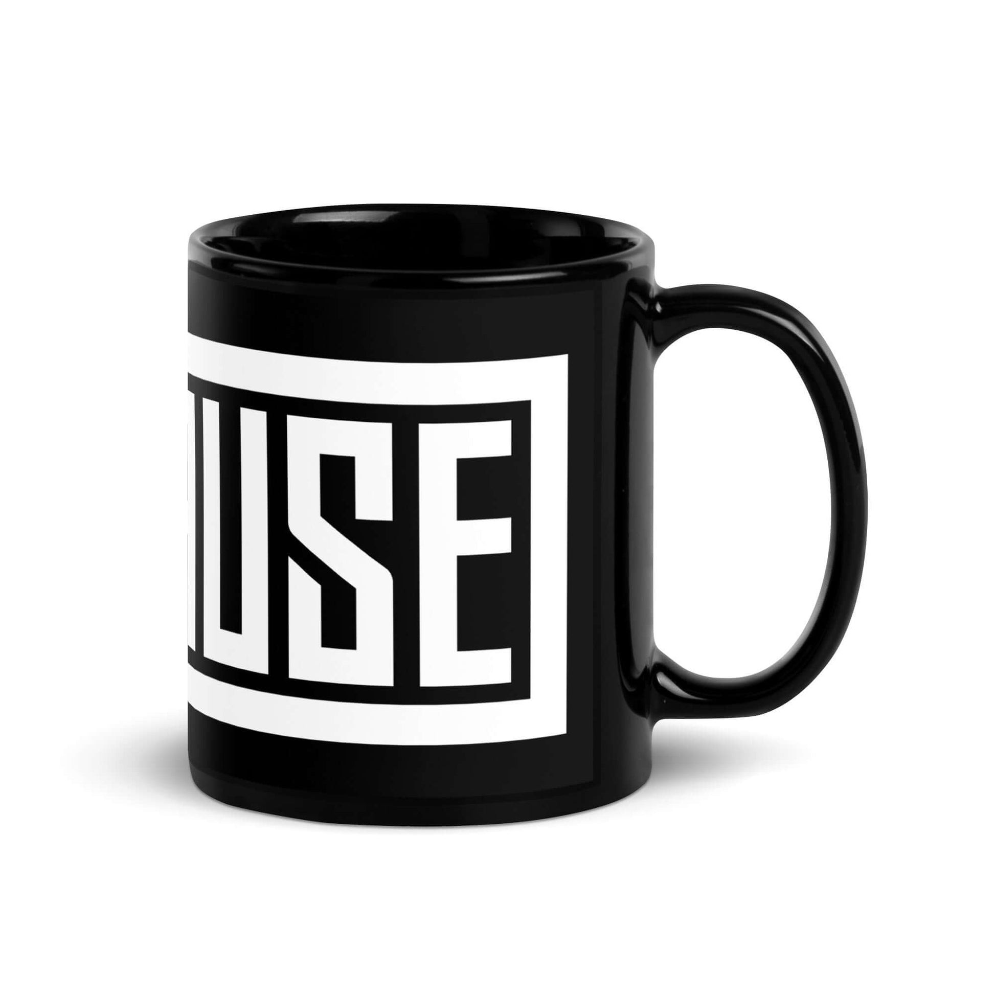 Black mug with 'CAUSE' printed on a white background