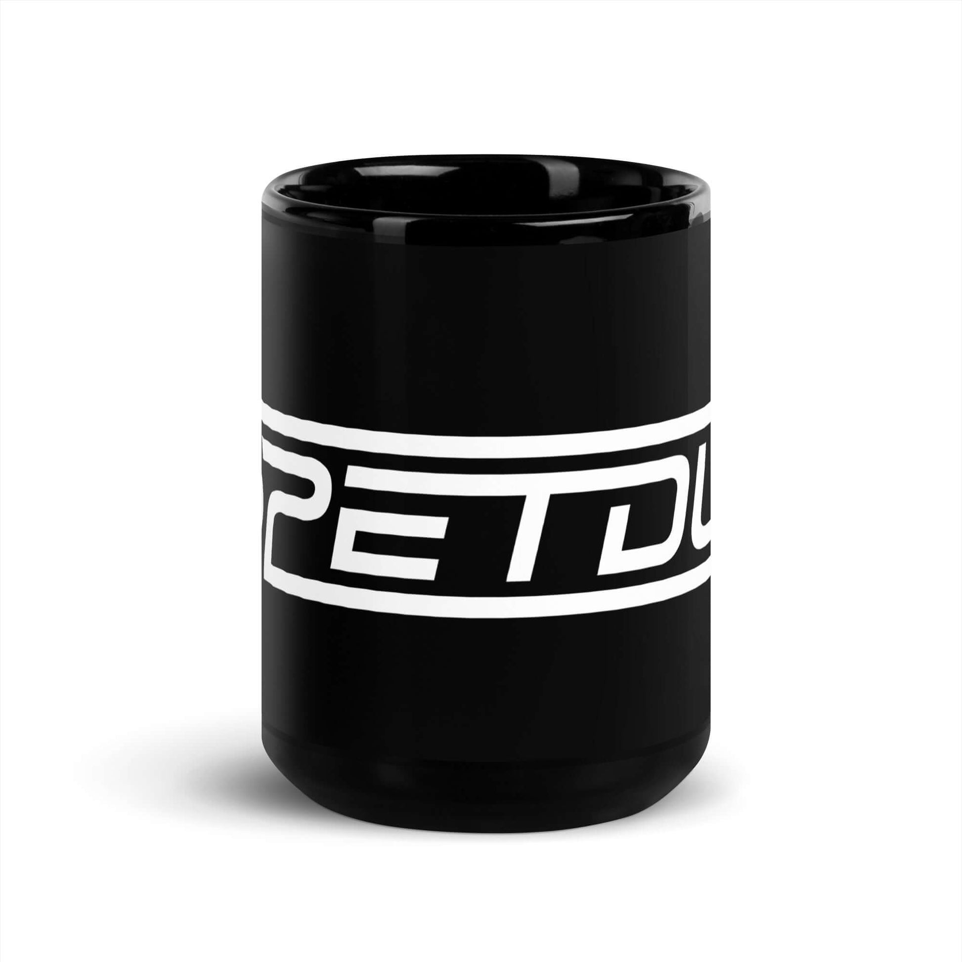 Black mug with a white logo on a white background
