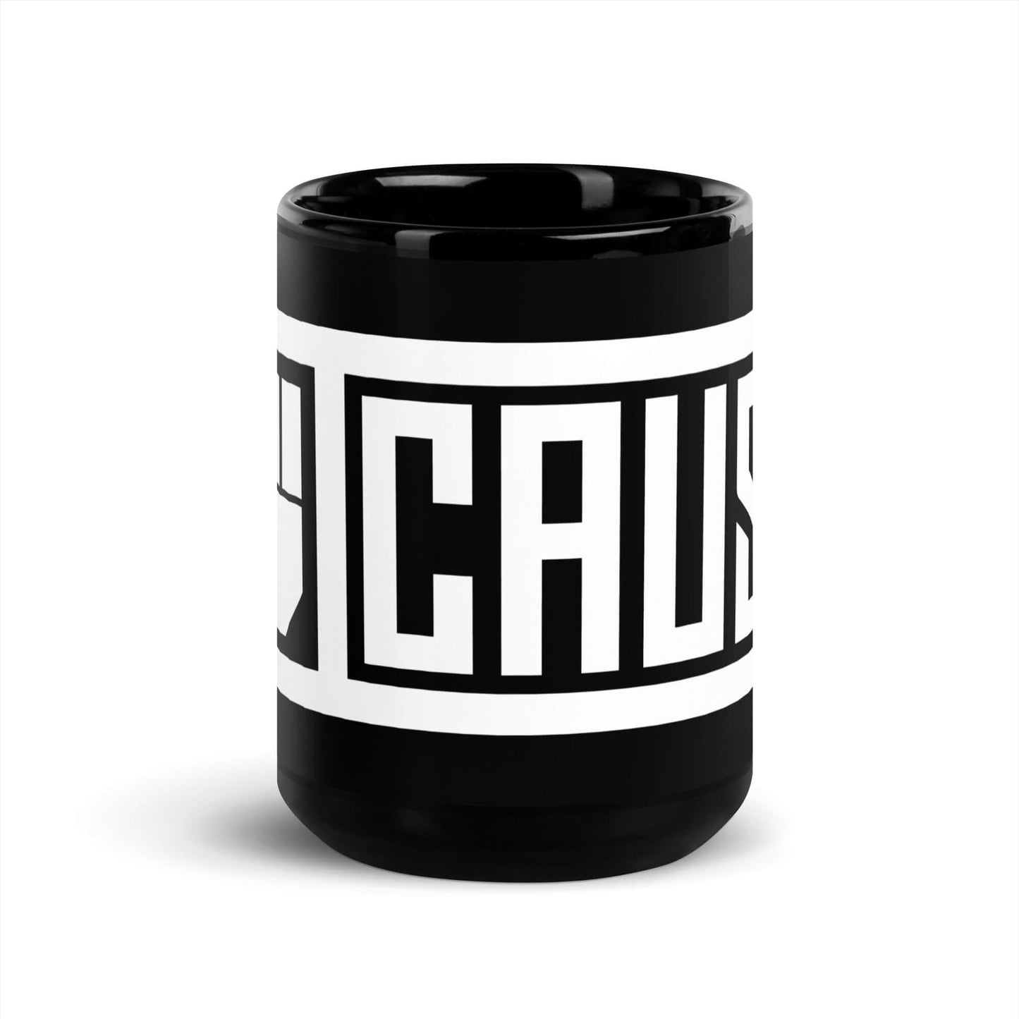 Black mug with white band featuring text on a white background