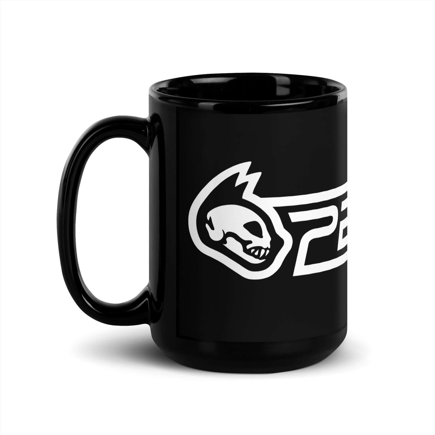 Black mug with a white logo on a white background