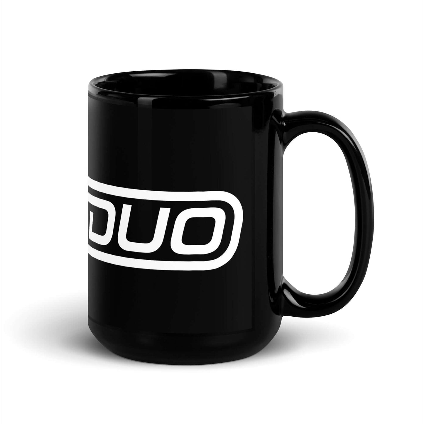 Black mug with 'PETDuo' logo on a white background