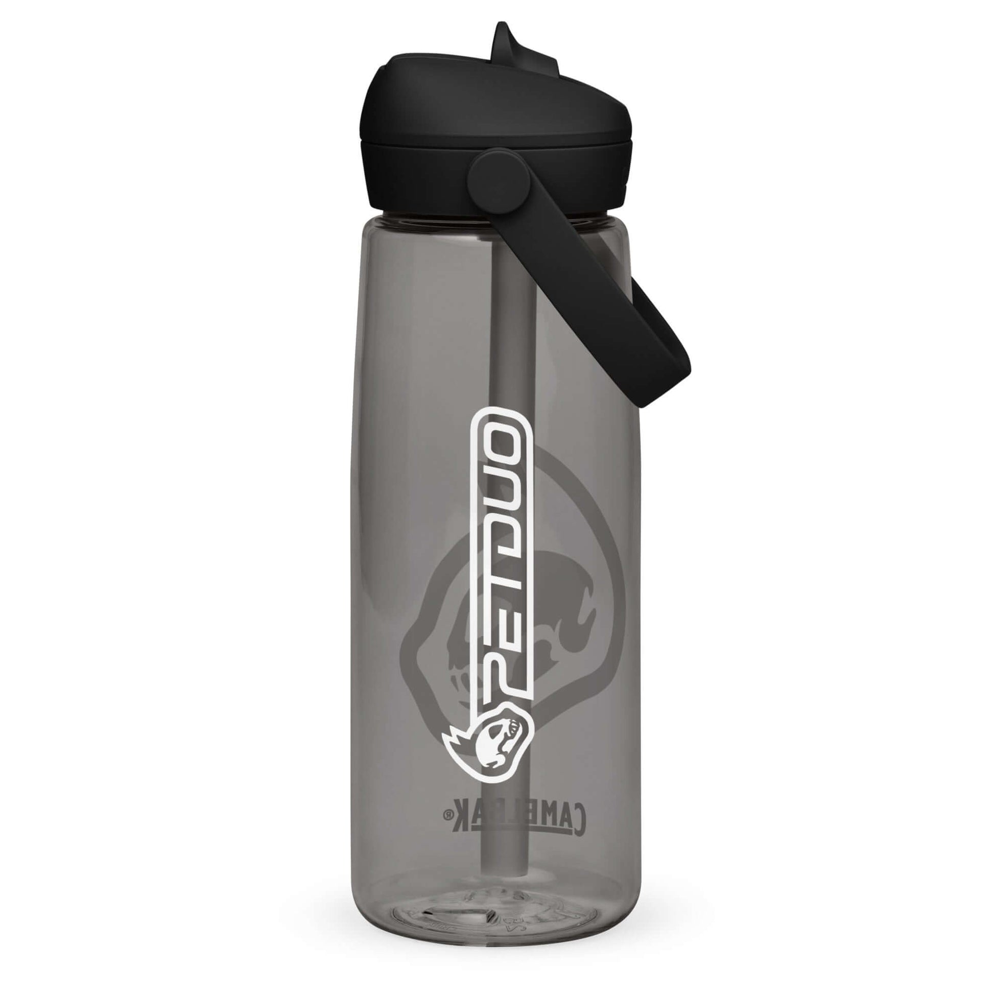 Gray water bottle with black cap on a white background