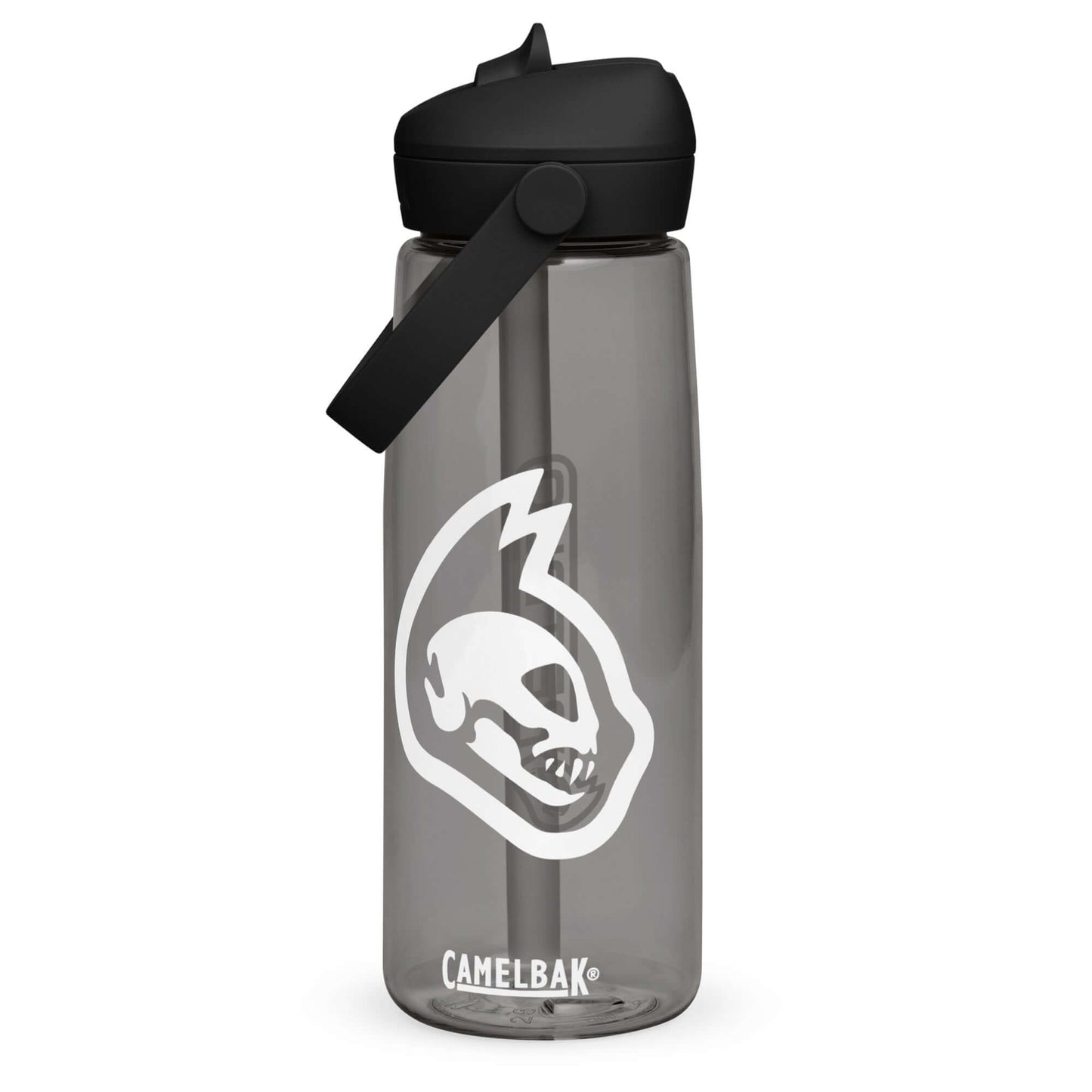 Gray water bottle with black cap and white logo on a white background