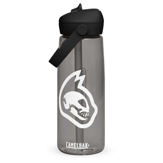 Gray water bottle with black cap and white logo on a white background