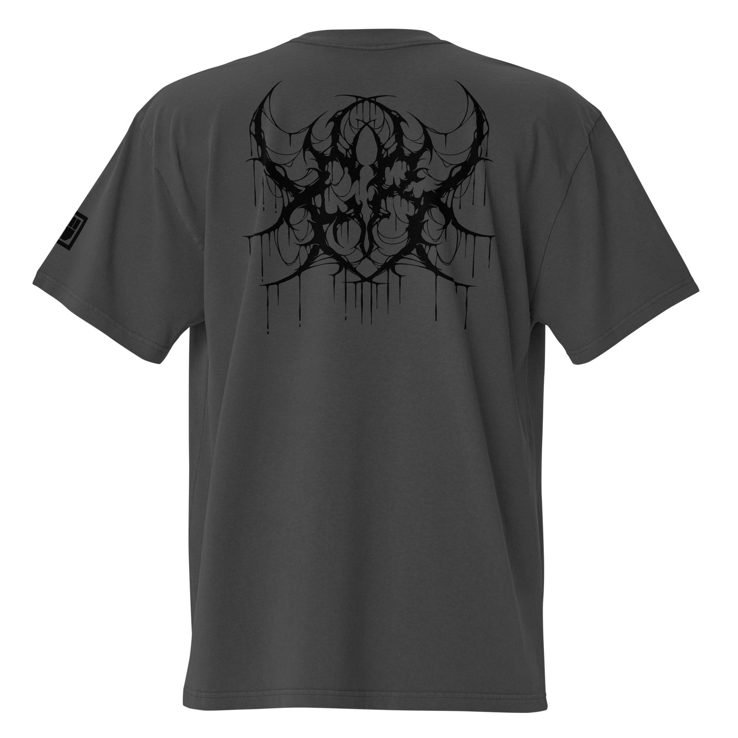 Black t-shirt with a black tribal design on the back against a white background