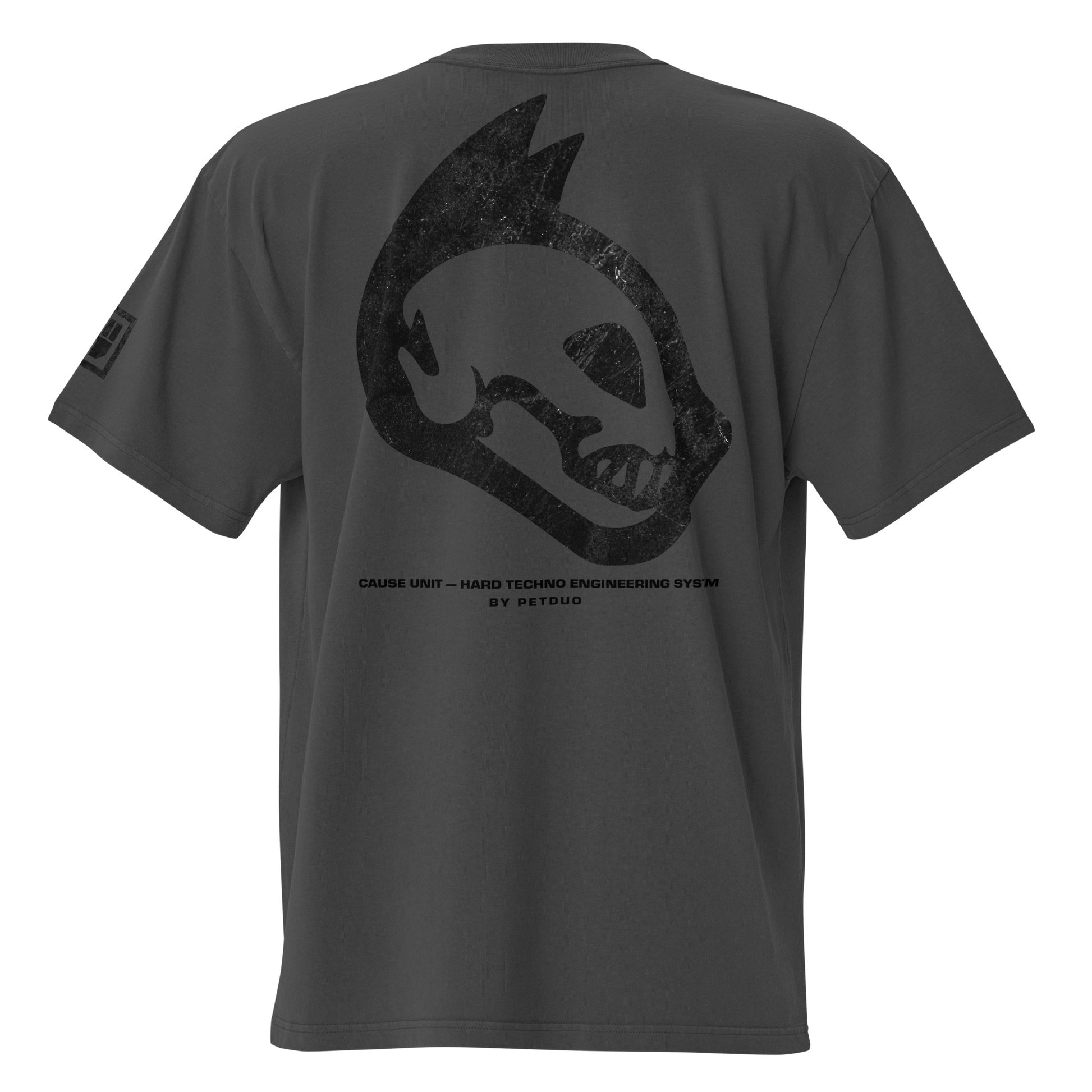 Faded Black t-shirt with black graphic design on the back on a white background