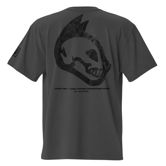 Faded Black t-shirt with black graphic design on the back on a white background