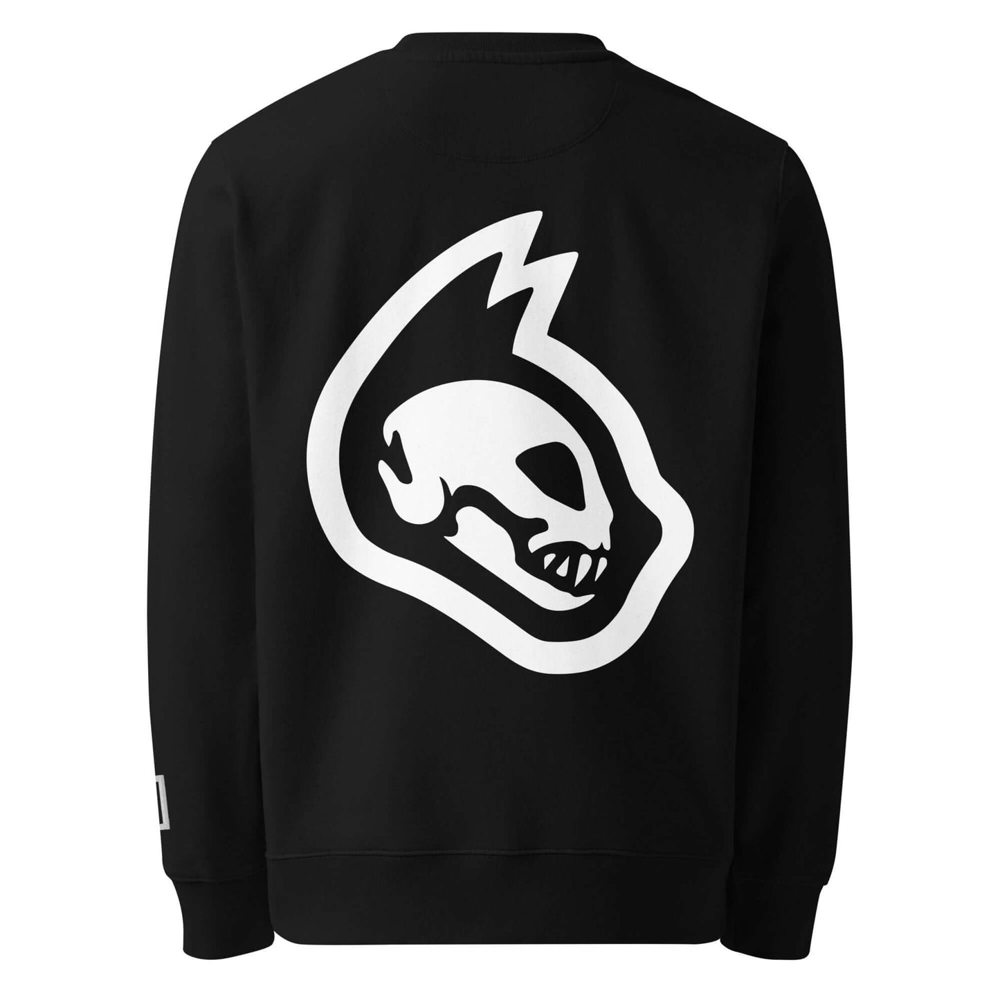 Black sweatshirt with a white catskull design on the back against a white background