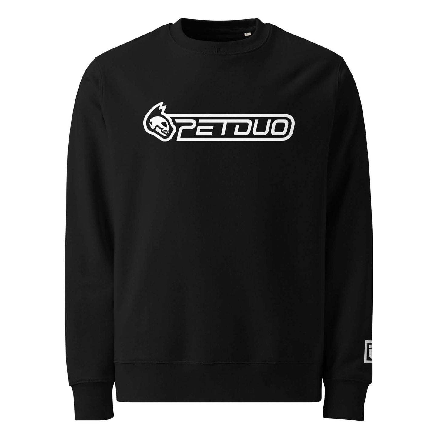 Black sweatshirt with 'PETDUO' logo on a white background