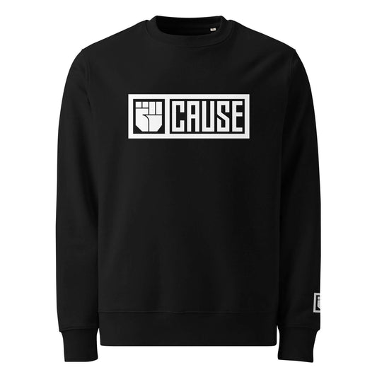 Black sweatshirt with 'CAUSE' logo on a white background