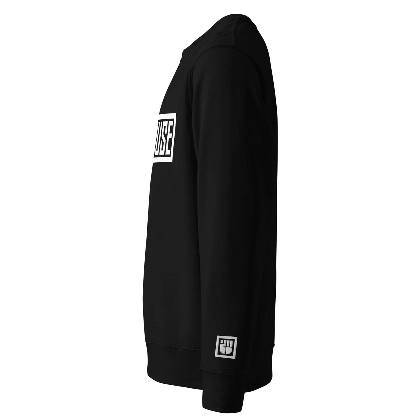 Black hoodie with white causelogo on sleeves against a white background