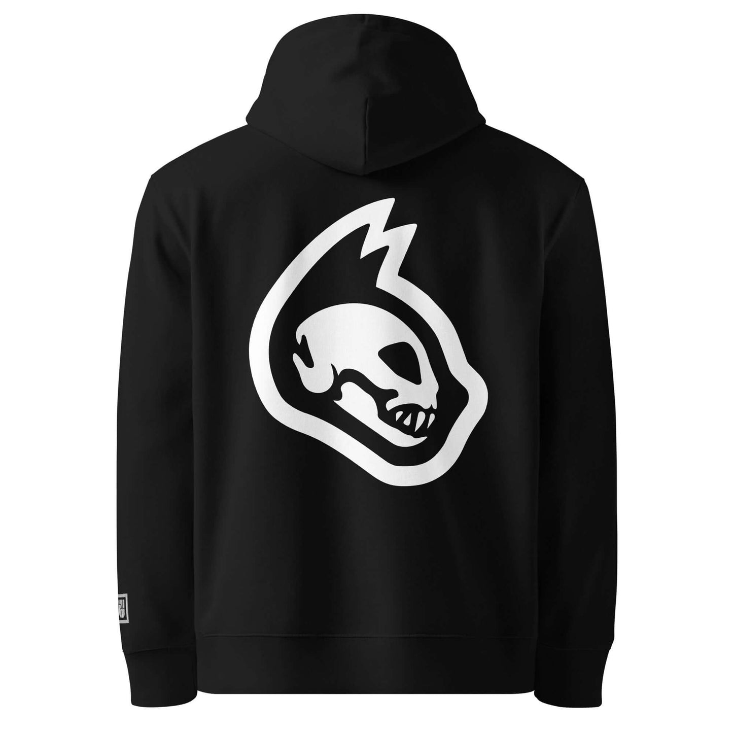Black hoodie with a white catskull design on the back against a white background
