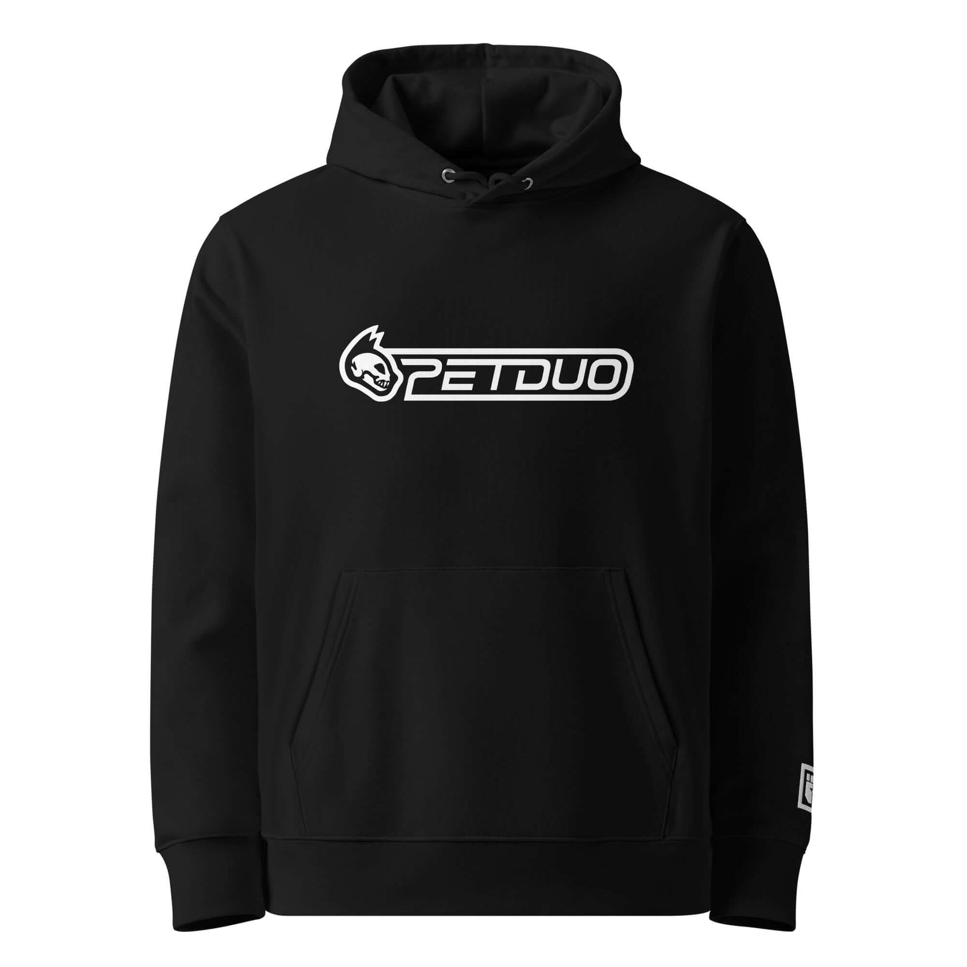 Black hoodie with a white PETDuo logo on a white background
