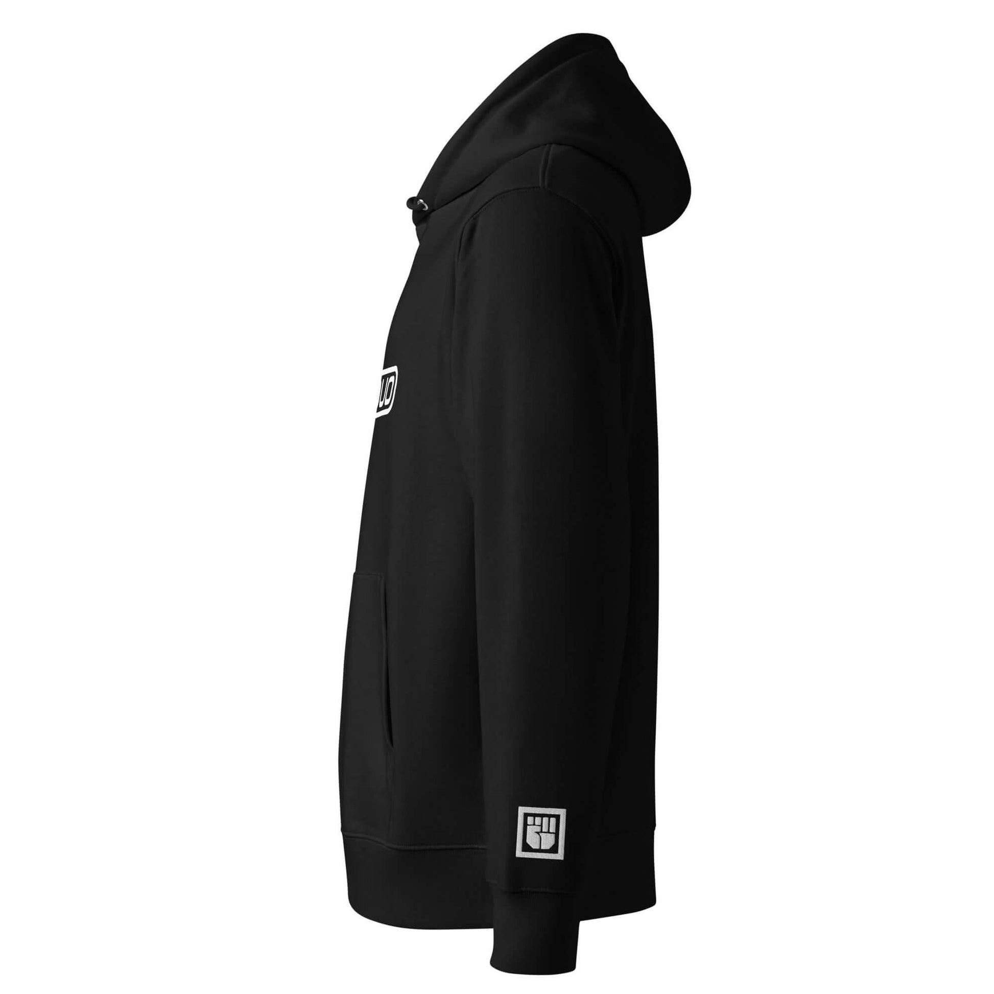 Black hoodie with white cause logo on a white background