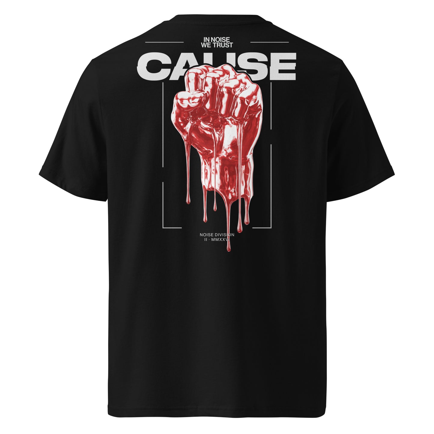 CAUSE Noise Division red chrome fist back print black t-shirt