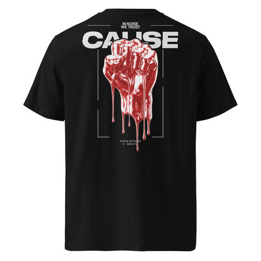CAUSE Noise Division red chrome fist back print black t-shirt