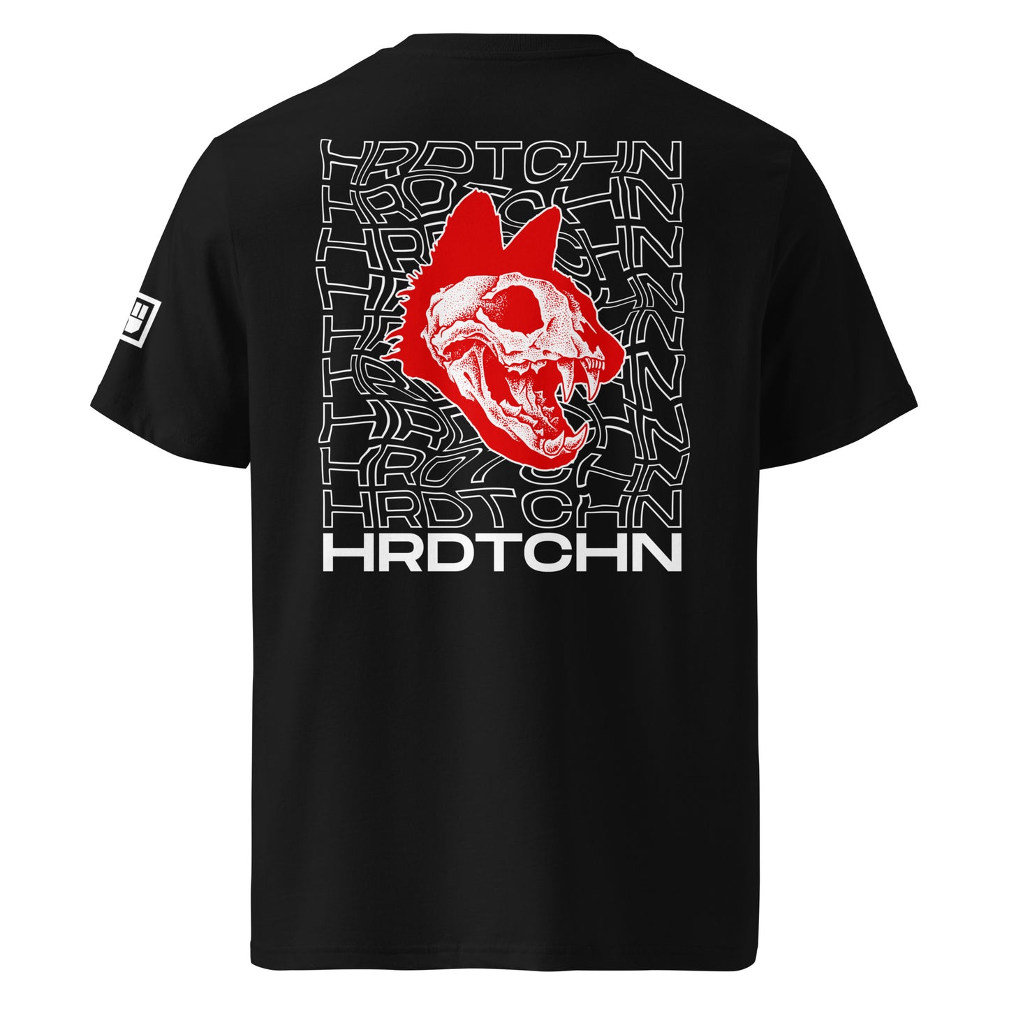 Black t-shirt with red and white graphic design on the back, featuring the text 'HRDTCHN'.