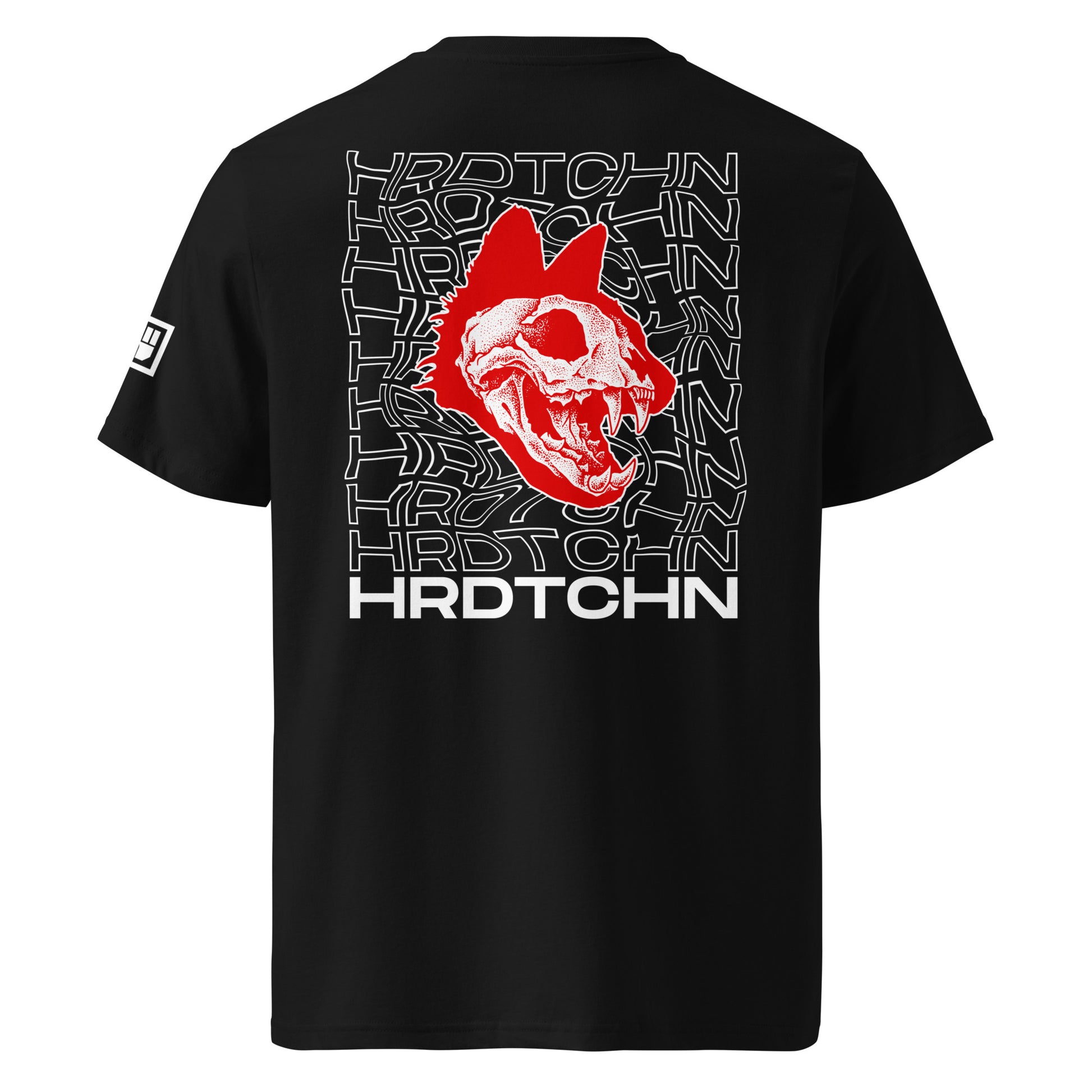 Black t-shirt with red and white graphic design on the back, featuring the text 'HRDTCHN'.