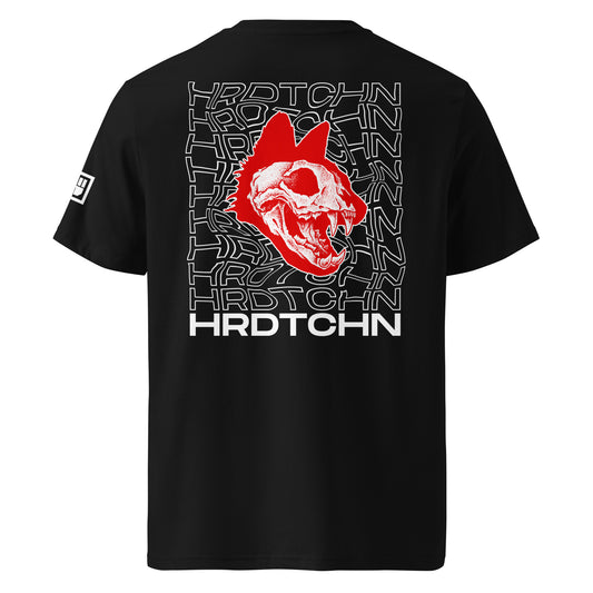 Black t-shirt with red and white graphic design on the back, featuring the text 'HRDTCHN'.