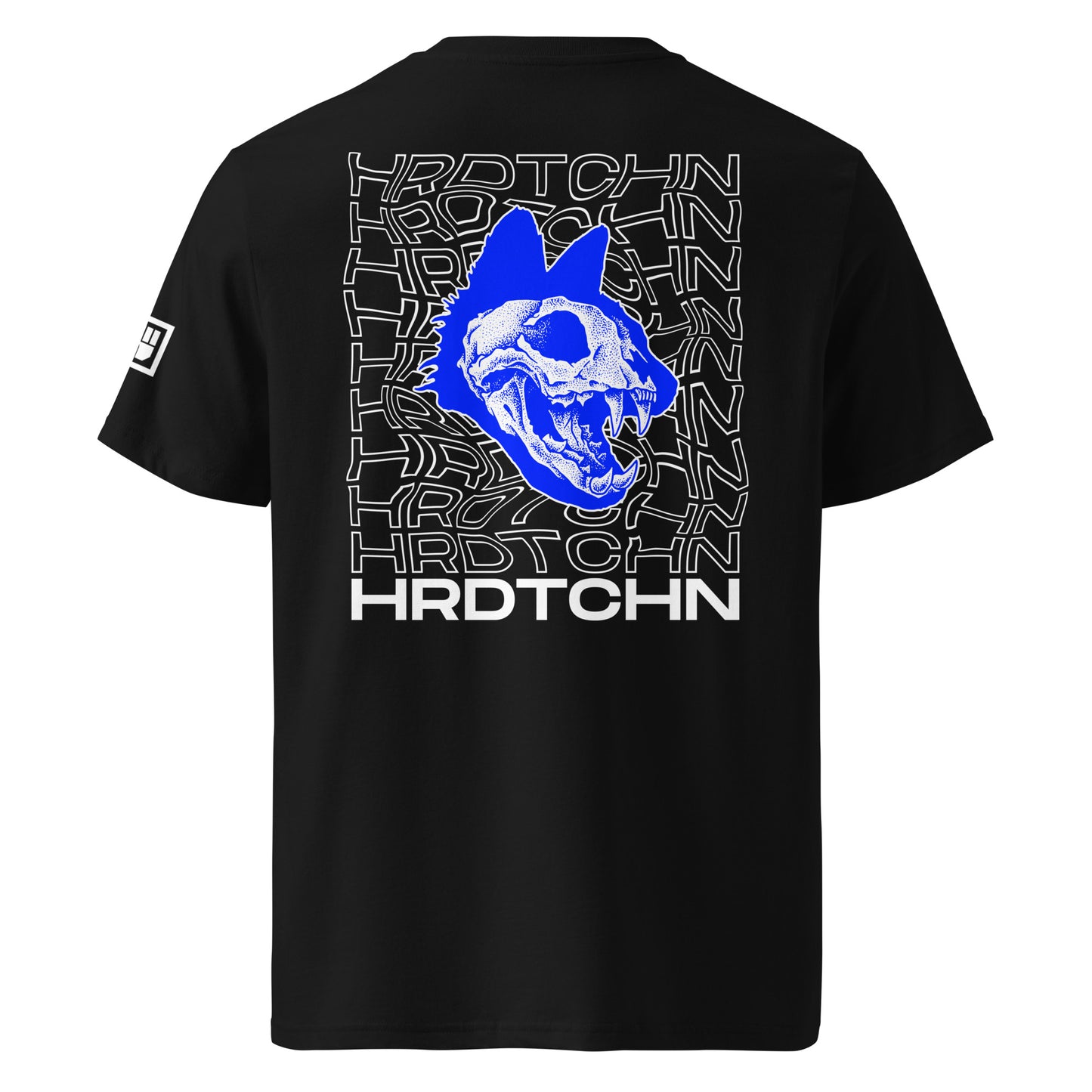 Black t-shirt with blue graphic and 'Hrdtchn' branding on a white background