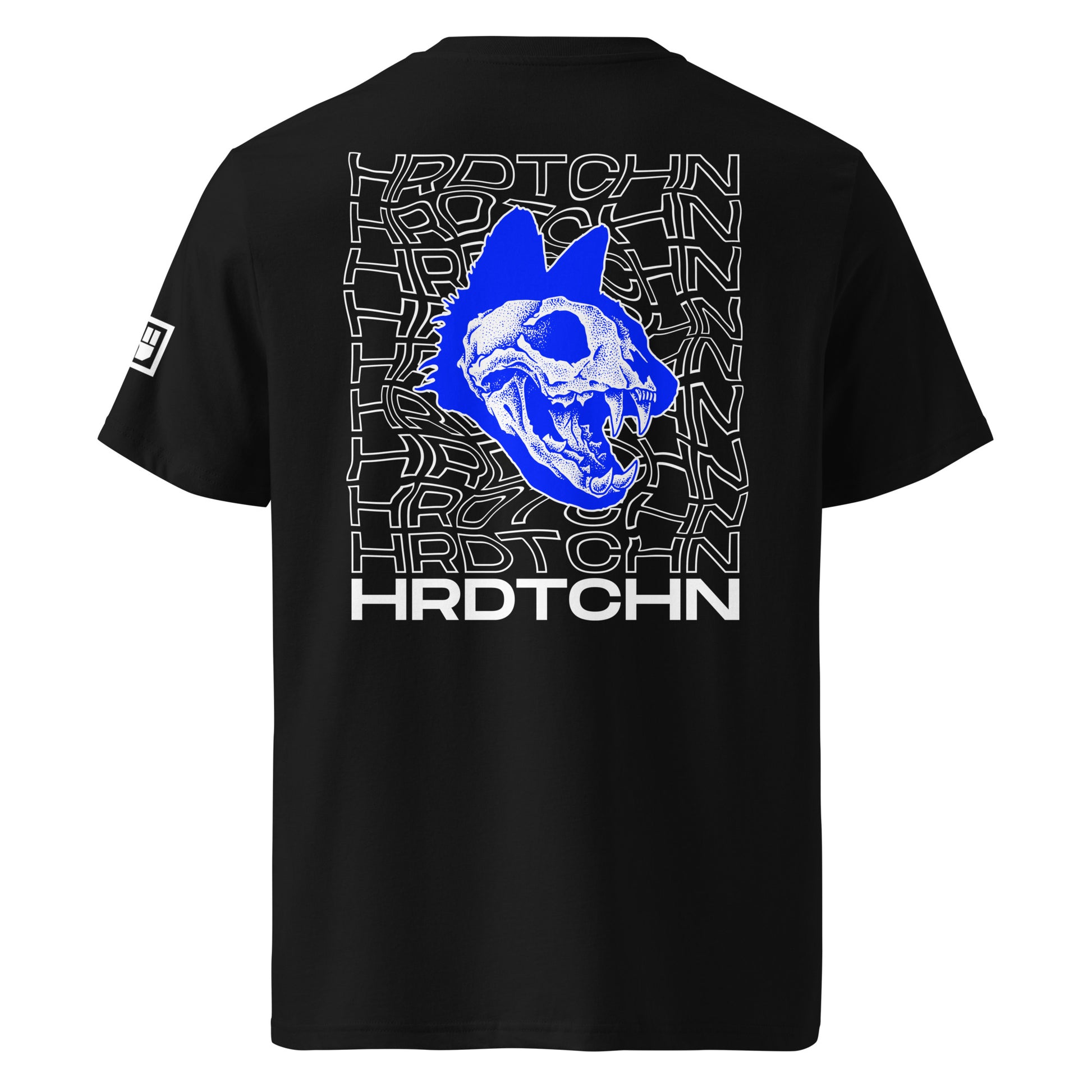 Black t-shirt with blue graphic and 'Hrdtchn' branding on a white background
