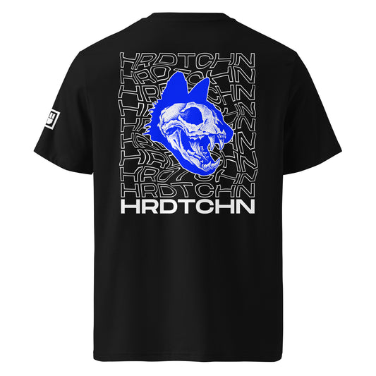 Black t-shirt with blue graphic and 'Hrdtchn' branding on a white background