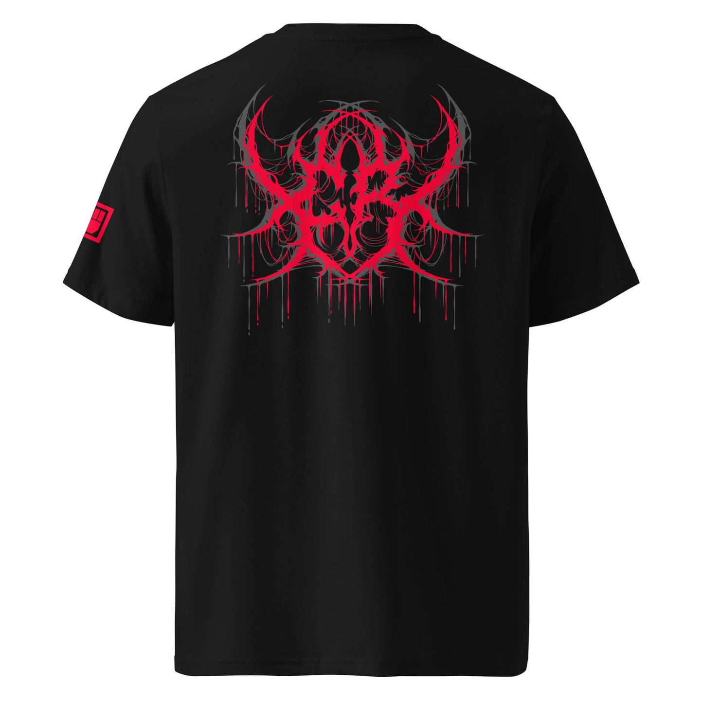 Black t-shirt with red and white graphic design on the back, on a white background