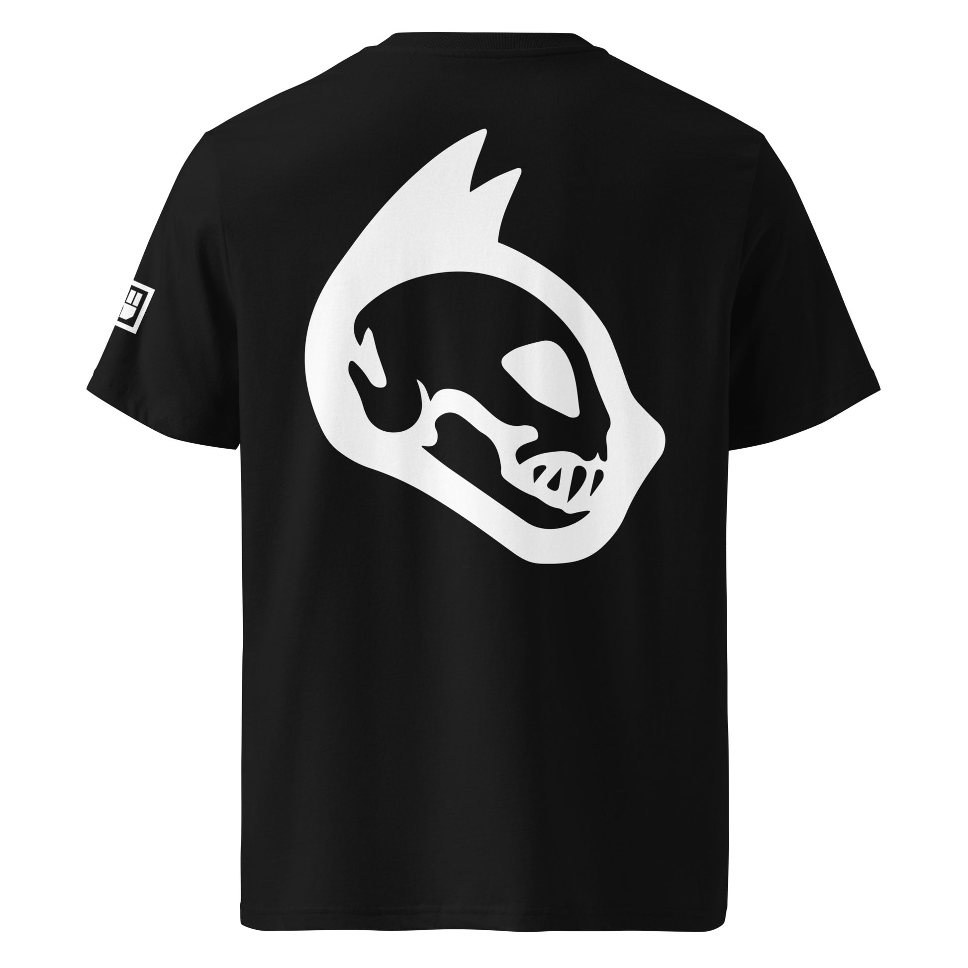 Black t-shirt with a white Catkskull design on the back against a white background