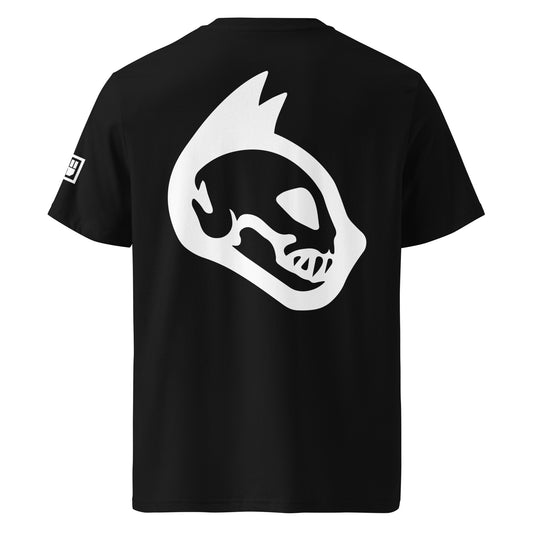 Black t-shirt with a white Catkskull design on the back against a white background