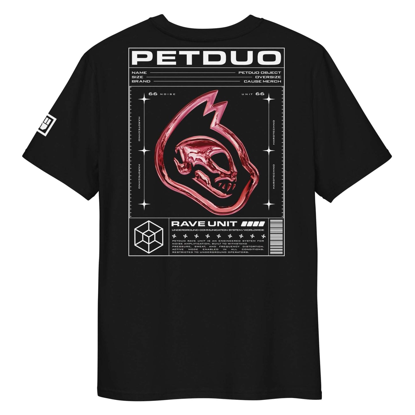 Black t-shirt with red graphic design and 'PETDUO' branding on a white background