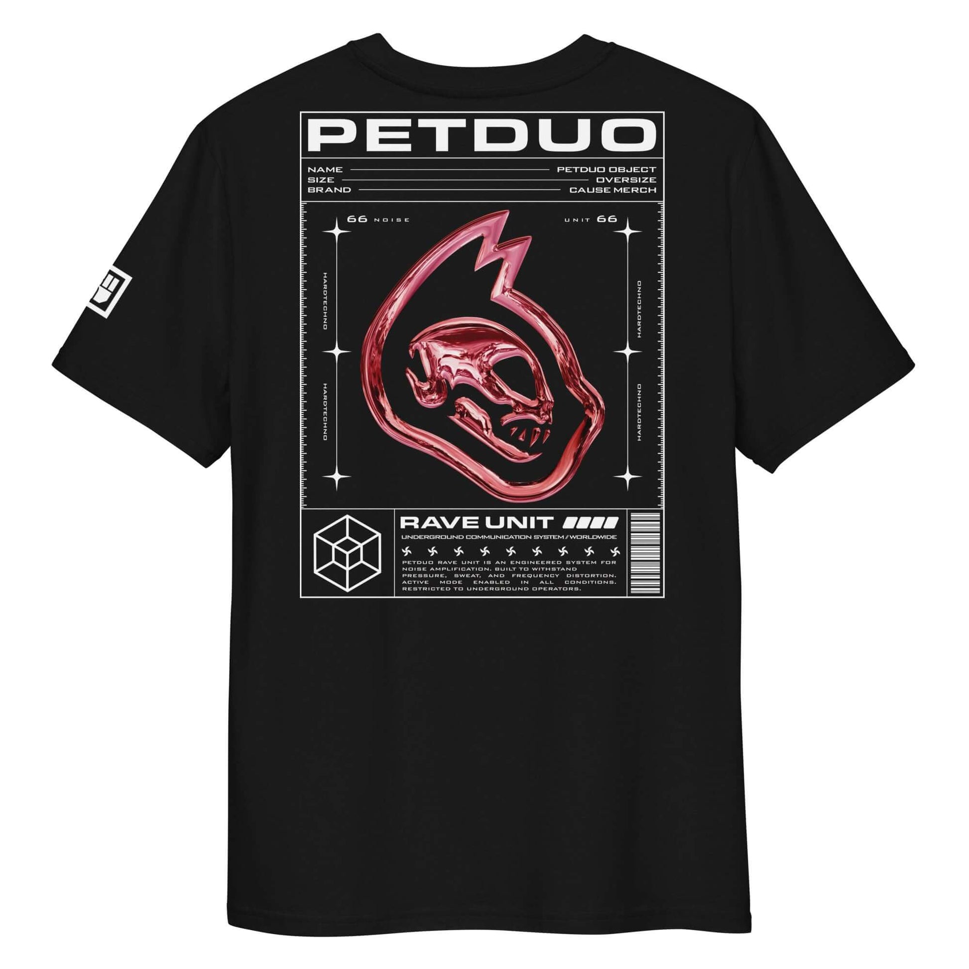 Black t-shirt with red graphic design and 'PETDUO' branding on a white background