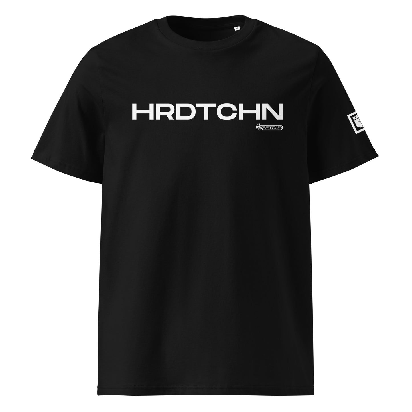 Black t-shirt with 'HRDTOHN' text on a white background