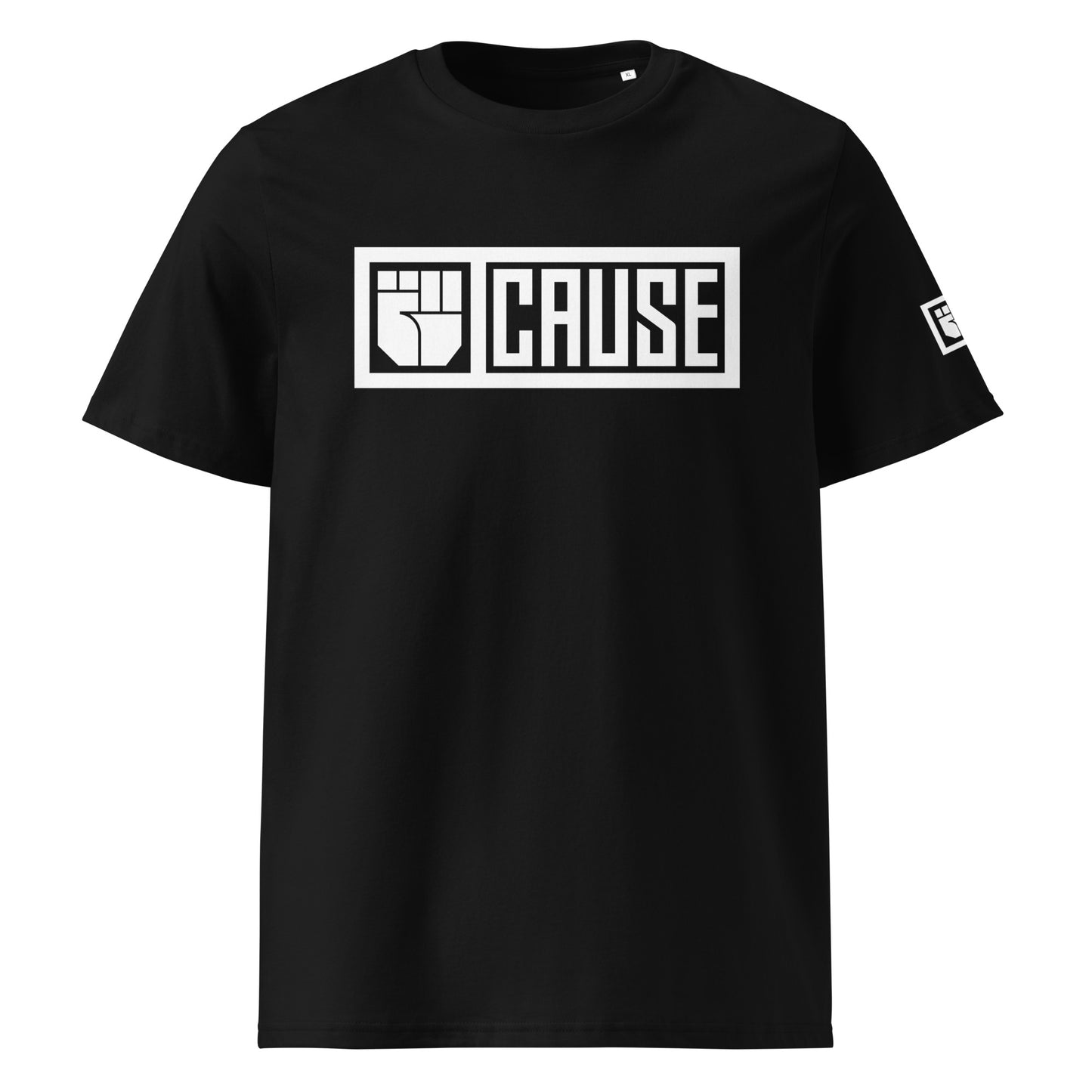 Black t-shirt with 'CAUSE' logo on a white background
