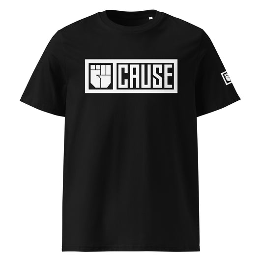 Black t-shirt with 'CAUSE' logo on a white background