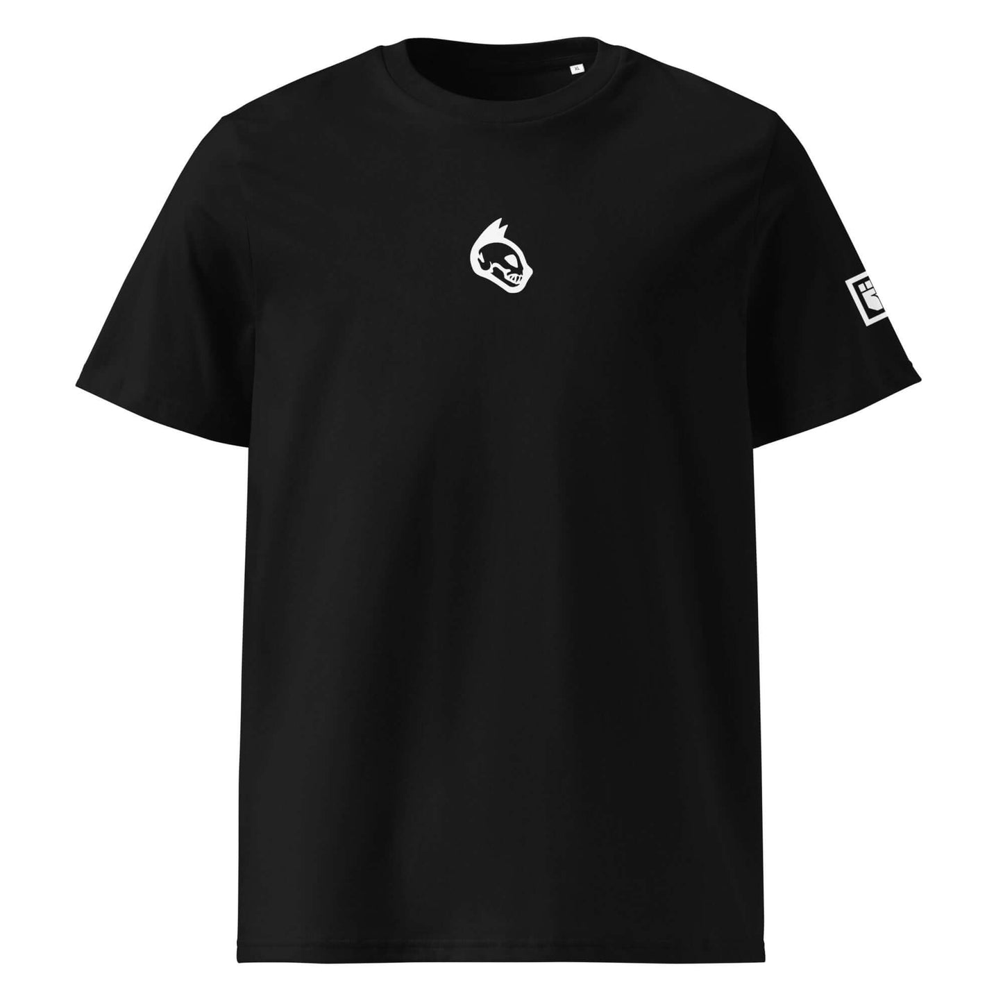 Black t-shirt with the catskull logo on the chest and brand emblem on the sleeve against a white background