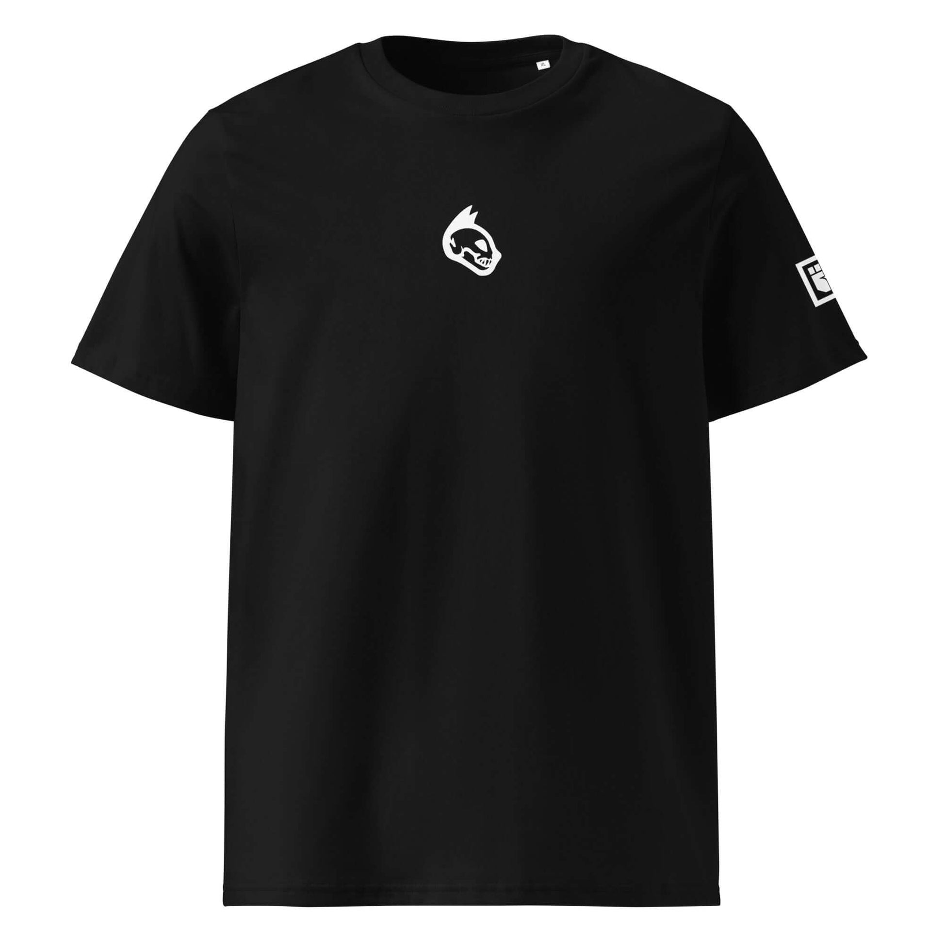 Black t-shirt with the catskull logo on the chest and brand emblem on the sleeve against a white background
