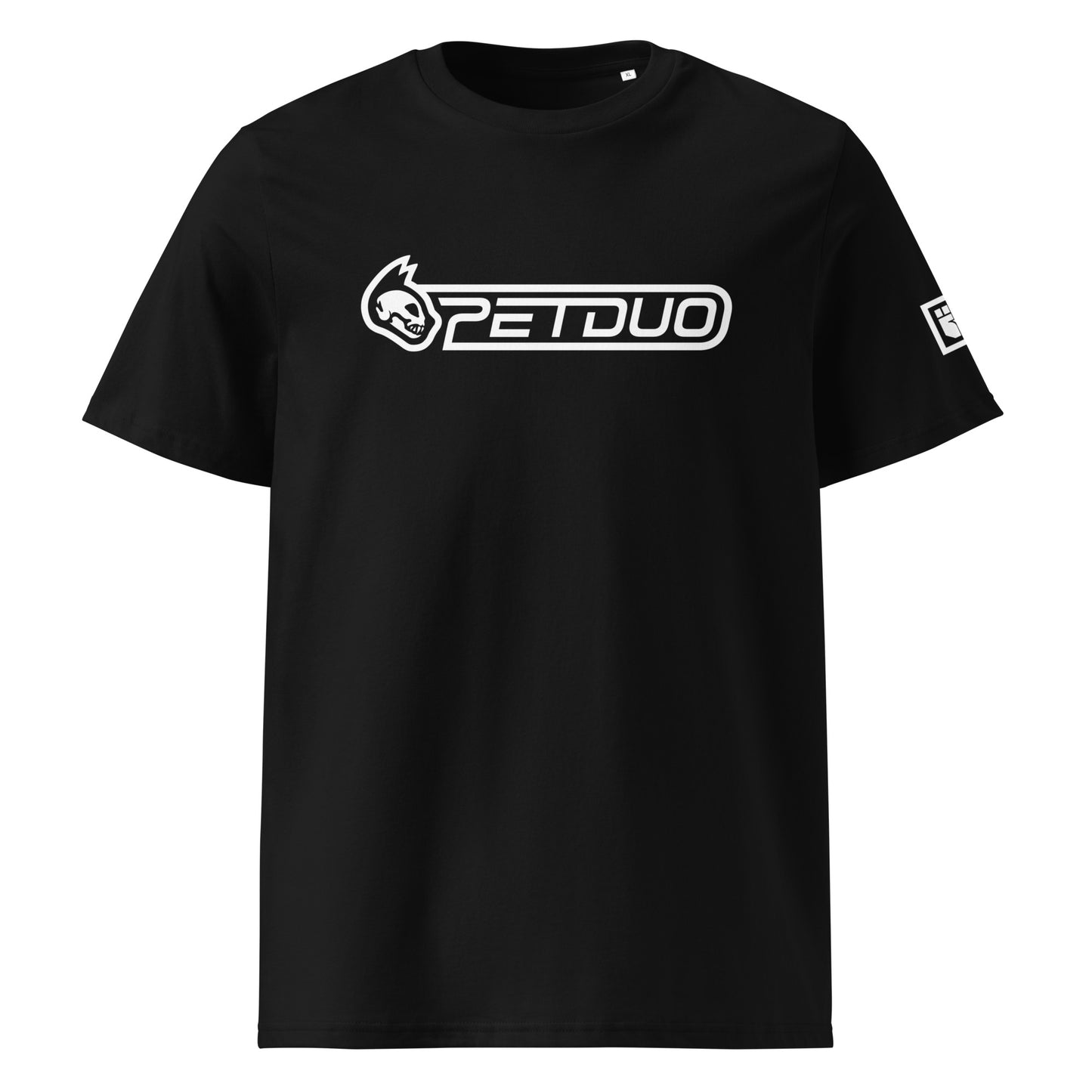 Black t-shirt with 'PETDUO' logo on a white background