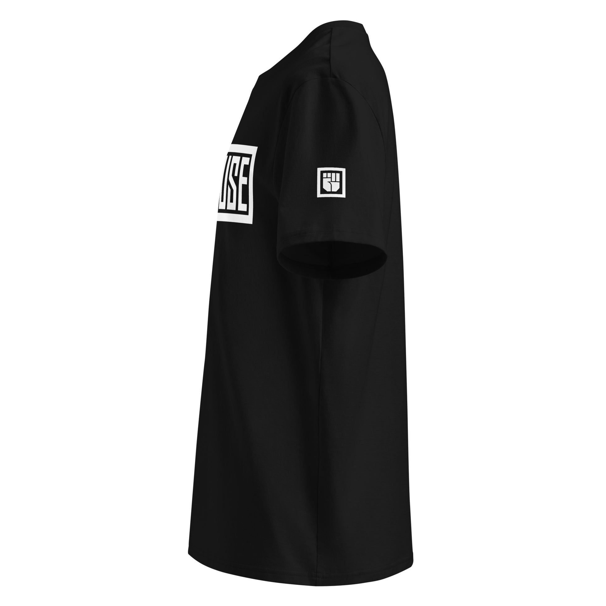 Black t-shirt with white logos on a white background